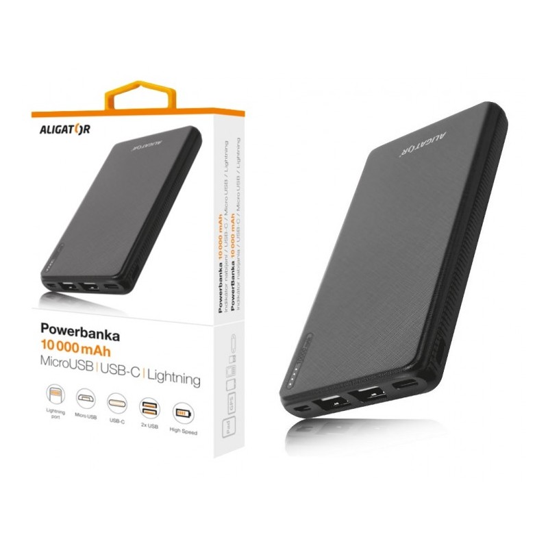 ALIGATOR PB1000, 10000mAh 3v1, micro/iPh/USB-C, černá