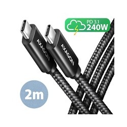 AXAGON BUCM2-CM20AB, CHARGE kabel USB-C - USB-C, 2m, Hi-Speed USB, PD 240W 5A, ALU, oplet, černý