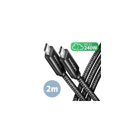 AXAGON BUCM2-CM20AB, CHARGE kabel USB-C - USB-C, 2m, Hi-Speed USB, PD 240W 5A, ALU, oplet, černý