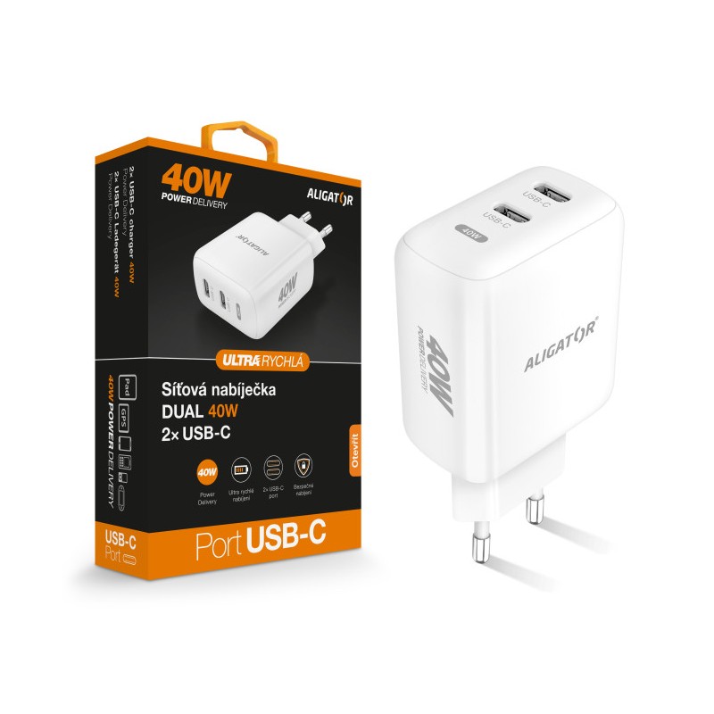 Chytrá síťová nabíječka ALIGATOR Power Delivery 40W, 2xUSB-C, bílá