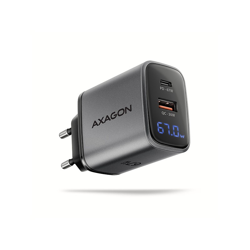AXAGON ACU-PQ67D GaN nabíječka do sítě 67W, USB-A + USB-C, PD3.0/PPS/QC4+/SFC2.0/Apple, LCD display