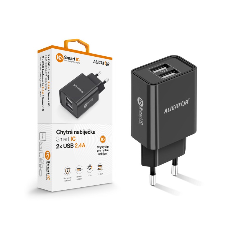 Chytrá síťová nabíječka ALIGATOR 2,4A, 2xUSB, smart IC, černá