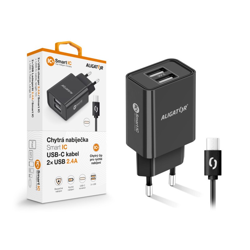 Chytrá síťová nabíječka ALIGATOR 2,4A, 2xUSB, smart IC, černá, USB-C kabel