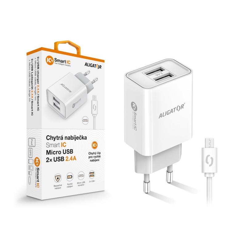 Chytrá síťová nabíječka ALIGATOR 2,4A, 2xUSB, smart IC, bílá, micro USB kabel