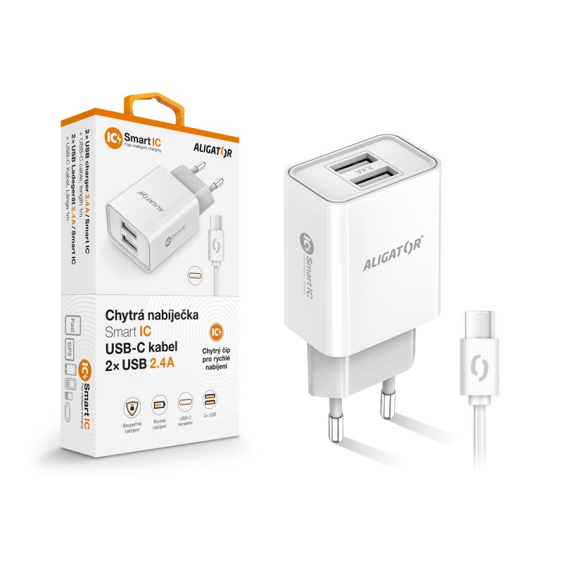 Chytrá síťová nabíječka ALIGATOR 2,4A, 2xUSB, smart IC, bílá, USB-C kabel