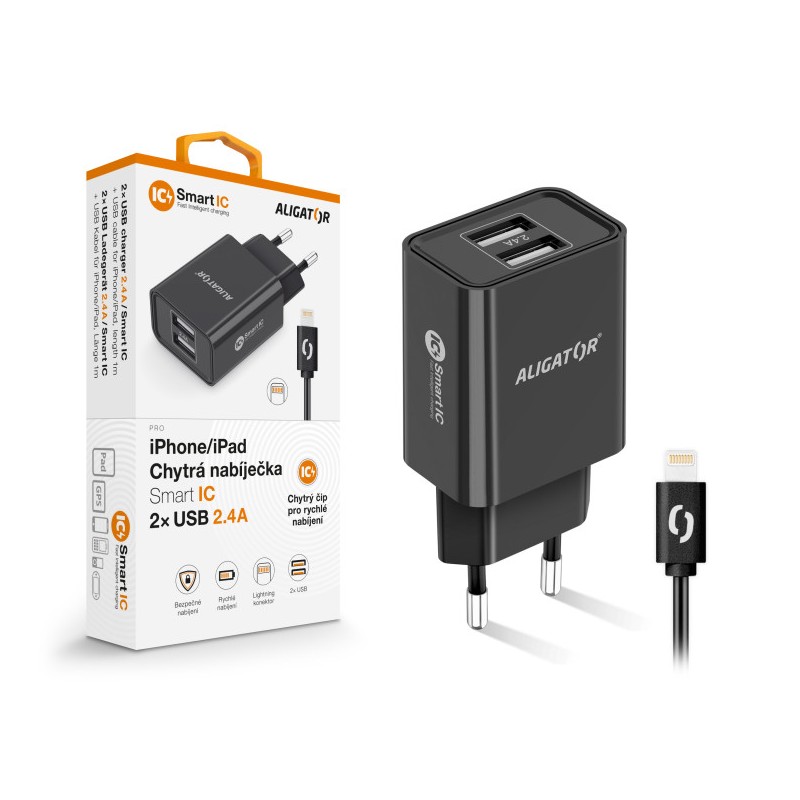 Chytrá síťová nabíječka ALIGATOR 2,4A, 2xUSB, smart IC, černá, USB kabel pro iPhone/iPad