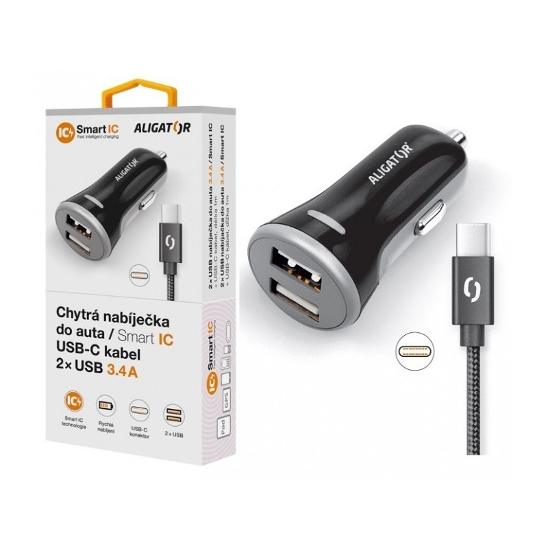 ALIGATOR Chytrá nabíječka do auta 3.4A, 2xUSB, smart IC, černá, USB-C kabel