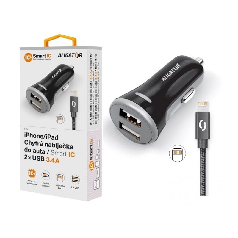 ALIGATOR 3.4A, 2xUSB, smart IC, černá, USB kabel pro iPhone/iPad