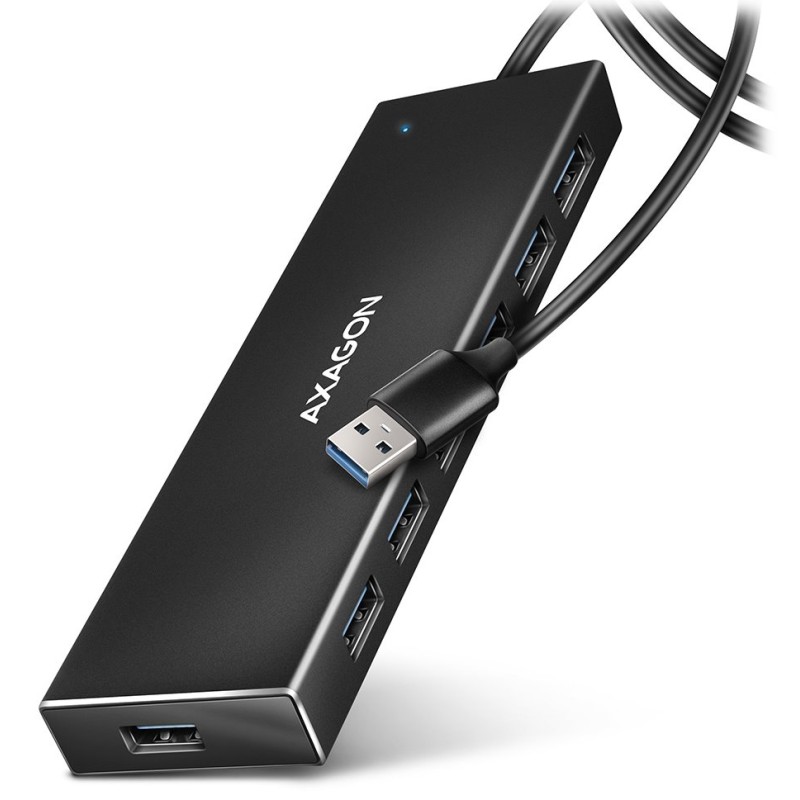 AXAGON HUE-F7A, 7x USB 3.2 Gen 1 ALU FLAT CHARGING hub, micro USB napájecí konektor, kabel USB-A 1m