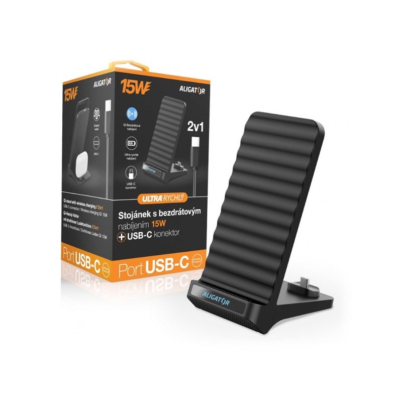 Aligator Stojánek s bezdrátovým nabíjením 15W a USB-C konektorem, 2v1, černý