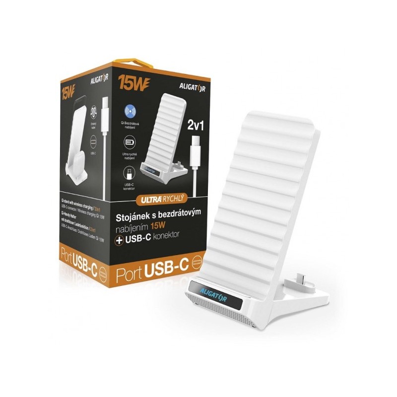 ALIGATOR Stojánek s bezdrátovým nabíjením 15W a USB-C konektorem, 2v1, bílý