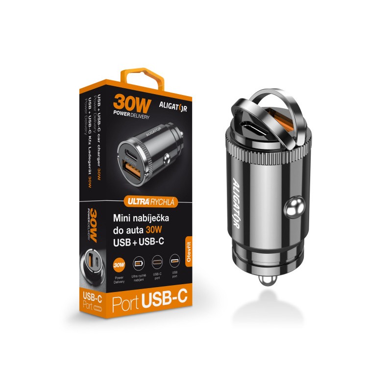 Aligator mini nabíječka do auta Power Delivery 30W, USB-C + USB-A