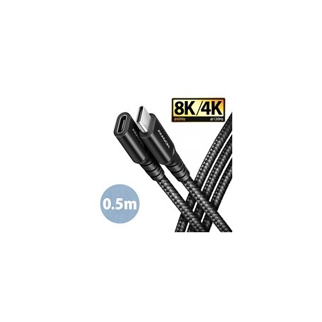AXAGON BUCM32-CF05AB prodlužovací kabel USB-C (M) - USB-C (F), 0.5m, USB 20Gbps, PD 240W 5A, 8K HD, ALU, oplet, černý