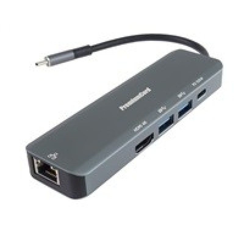 PREMIUMCORD Adaptér USB-C na Gigabit 10/100/1000Mbps + 1x HDMI, 2x USB3.2, 1x PD 100W konektor, Šedá