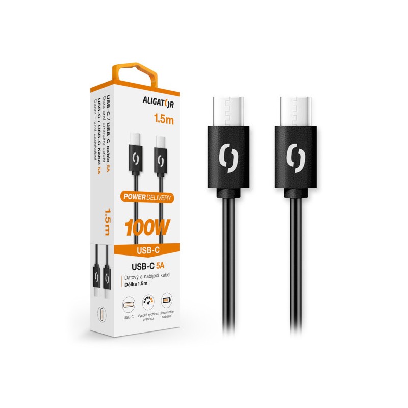 Datový kabel ALIGATOR POWER 100W, USB-C/USB-C 5A, 1,5m černý