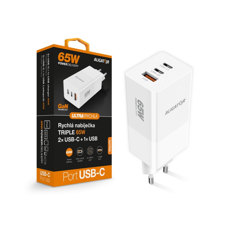 Aligator nabíječka PD65W, 2USB-C, 1xUSB-A, bílá