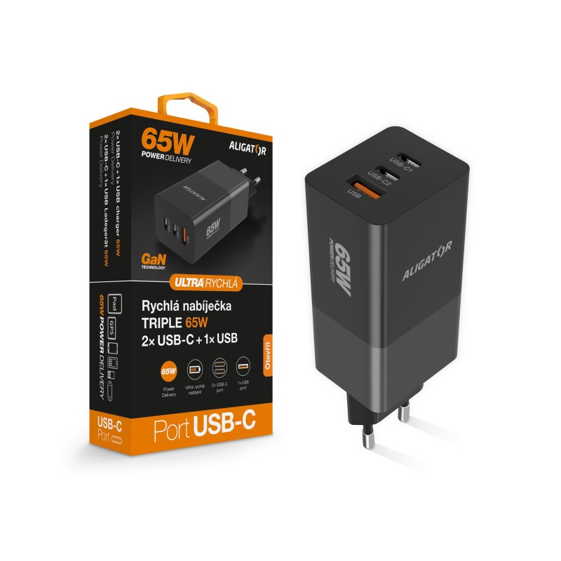 Aligator nabíječka PD65W, 2USB-C, 1xUSB-A, černá