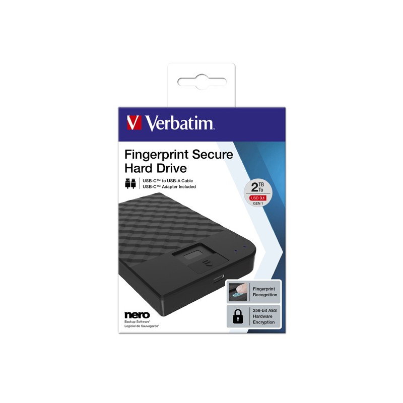 VERBATIM HDD 2TB Fingerprint Secure Portable Hard Drive, Black GDPR