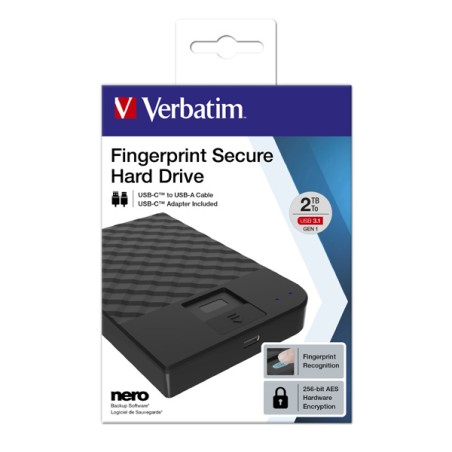 VERBATIM HDD 2TB Fingerprint Secure Portable Hard Drive, Black GDPR