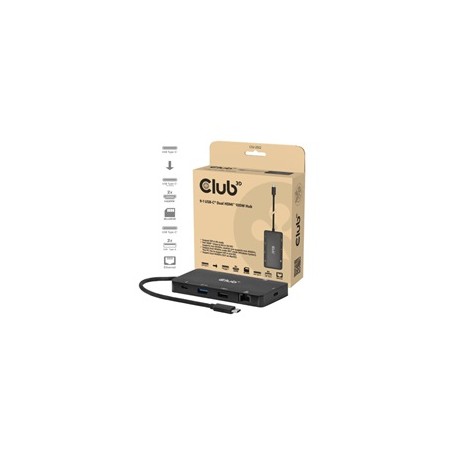 Club3D Dokovací stanice USB-C 9v1, 2xHDMI, 1xUSB-C, 1xUSB-C PD, 2xUSB, 1xRJ45, microSD/SD, černá
