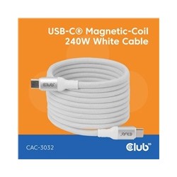 Club3D Kabel magnetický USB-C, 240W PD3.1, 480 Mbps, 2m, bílá
