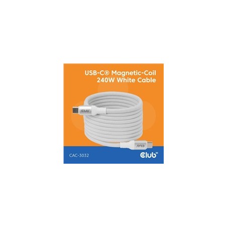 Club3D Kabel magnetický USB-C, 240W PD3.1, 480 Mbps, 2m, bílá