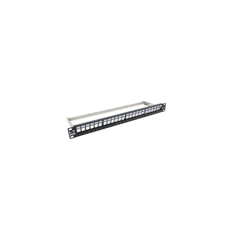 LYNX Patch panel, 19'', 24 portů, 1U, Cat5e/6/6A/7, neosazený, stíněný, vyvazovák, černý