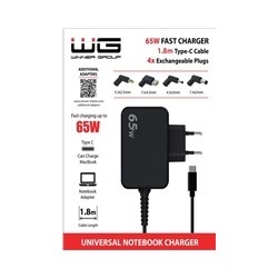 WG - Univerzální nabíječka 65W pro notebook s Type-C konektorem, + 4 adaptéry, kabel 1,8 metrů