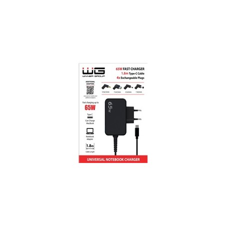 WG - Univerzální nabíječka 65W pro notebook s Type-C konektorem, + 4 adaptéry, kabel 1,8 metrů