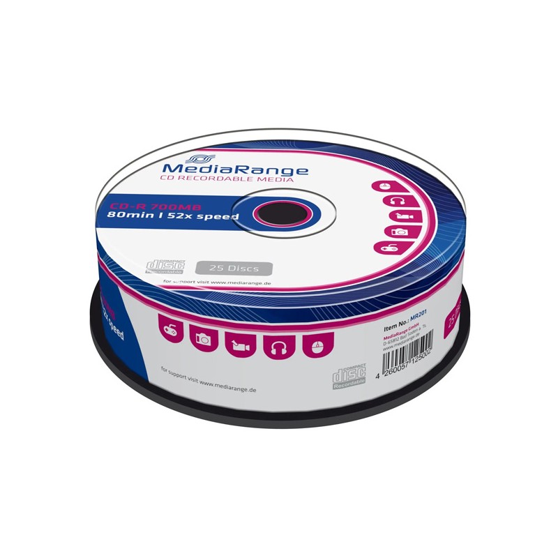 Mediarange CD-R, MR201, 25-pack, 700MB, 52x, 80min., 12cm, bez možnosti potisku, cake box, Standard, pro archivaci dat