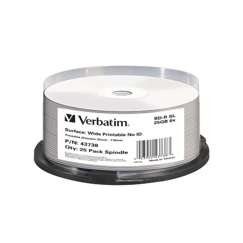 Verbatim BD-R, Single Layer Wide Printable No ID Surface Hard Coat, 25GB, cake box, 43738, 6x, 25-pack, pro archivaci dat