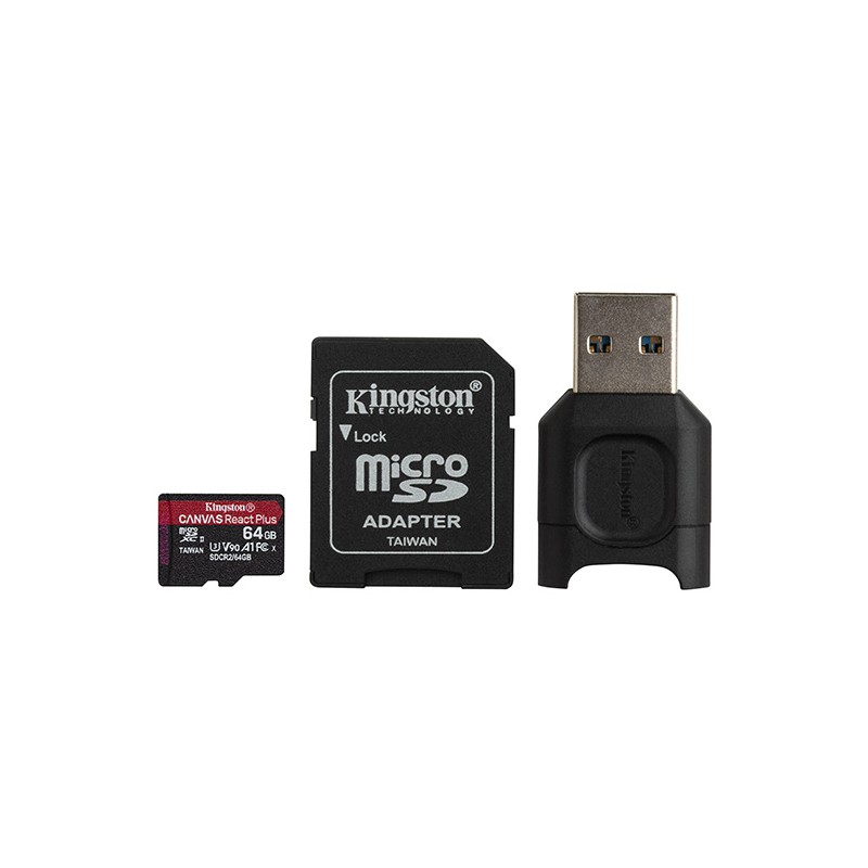 Kingston paměťová karta Canvas React Plus, 64GB, micro SDXC, MLPMR2/64GB, UHS-II U3, s adaptérem, A1, V90