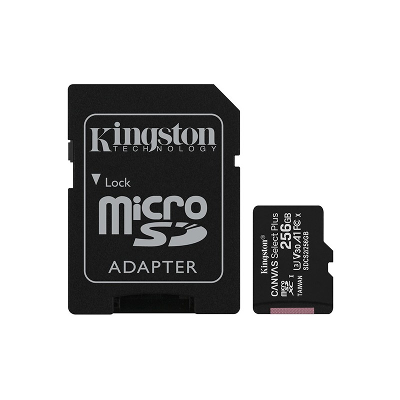 Kingston paměťová karta Canvas Select Plus, 256GB, micro SDXC, SDCS2/256GB, UHS-I U1 (Class 10), s adaptérem, A1