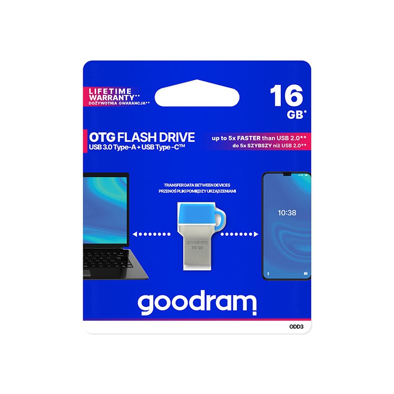 Goodram USB flash disk OTG, USB 3.0, 16GB, ODD3, modrý, ODD3-0160B0R11, USB A / USB C, s krytkou