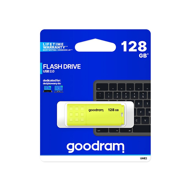 Goodram USB flash disk, USB 2.0, 128GB, UME2, žlutý, UME2-1280Y0R11, USB A, s krytkou