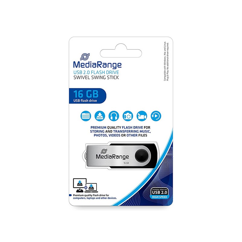 MediaRange USB flash disk, USB USB 2.0, 16GB, černý, MR910, USB A, swivel