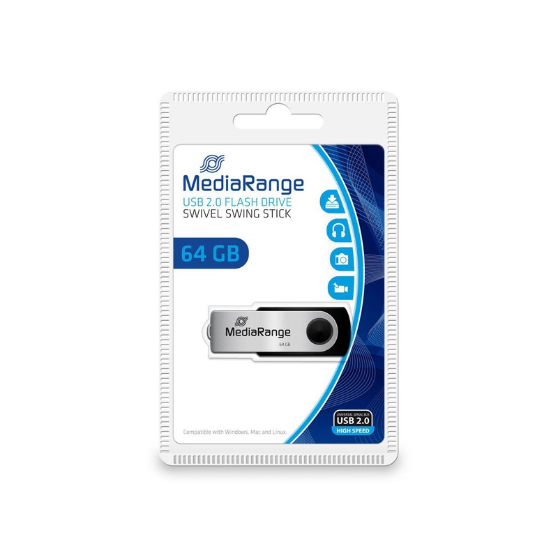 MediaRange USB flash disk, USB USB 2.0, 64GB, černý, MR912, USB A, swivel