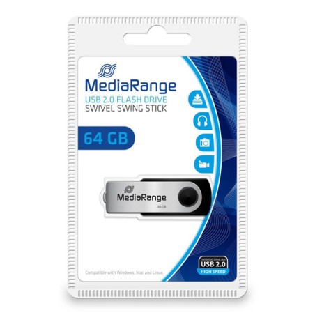 MediaRange USB flash disk, USB USB 2.0, 64GB, černý, MR912, USB A, swivel