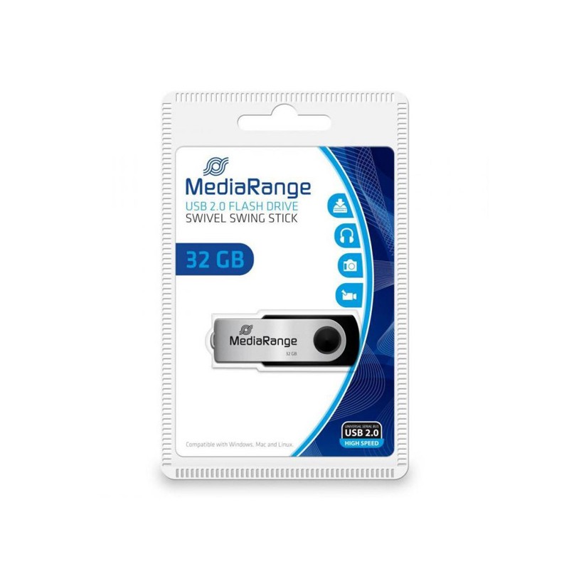 MediaRange USB flash disk, USB 2.0, 32GB, černý, MR911, USB A, swivel