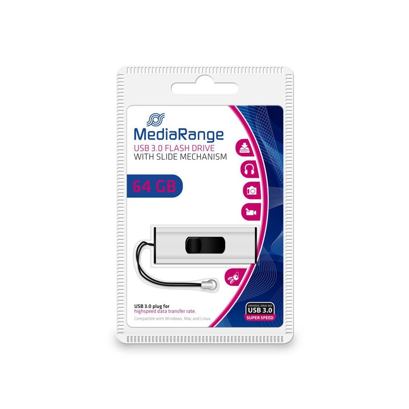 MediaRange USB flash disk, USB 3.0, 64GB, stříbrný, MR917, USB A, s poutkem, vysouvací