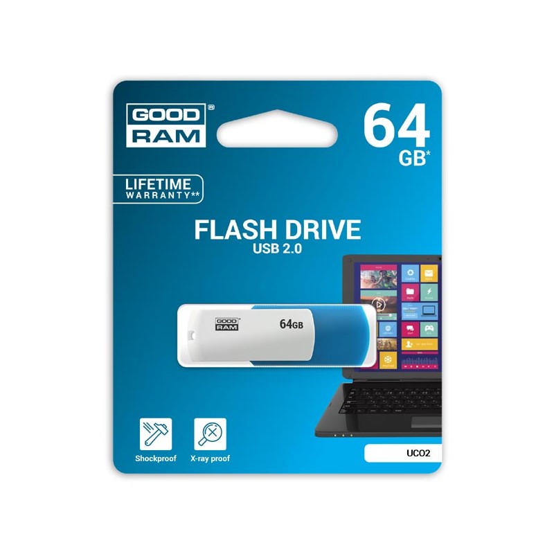 Goodram USB flash disk, USB 2.0, 64GB, UCO2, modrý, UCO2-0640KWR11, USB A, s otočnou krytkou