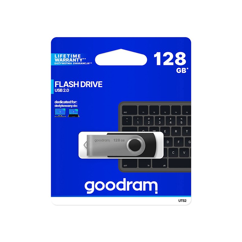 Goodram USB flash disk, USB 2.0, 128GB, UTS2, černý, UTS2-1280K0R11, USB A, s otočnou krytkou