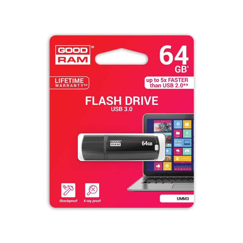 Goodram USB flash disk, USB 3.0, 64GB, UMM3, černý, UMM3-0640K0R11, USB A, s krytkou