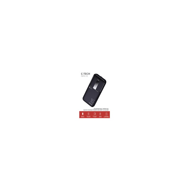 C-TECH Powerbanka 10000mAh, Li-Pol, 22,5W, USB-C/USB-A/micro USB