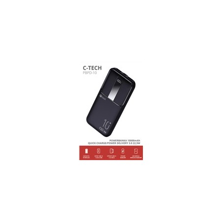 C-TECH Powerbanka 10000mAh, Li-Pol, 22,5W, USB-C/USB-A/micro USB