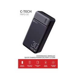 C-TECH Powerbanka 30000mAh, Li-Pol, 20W, USB-C/USB-A/micro USB