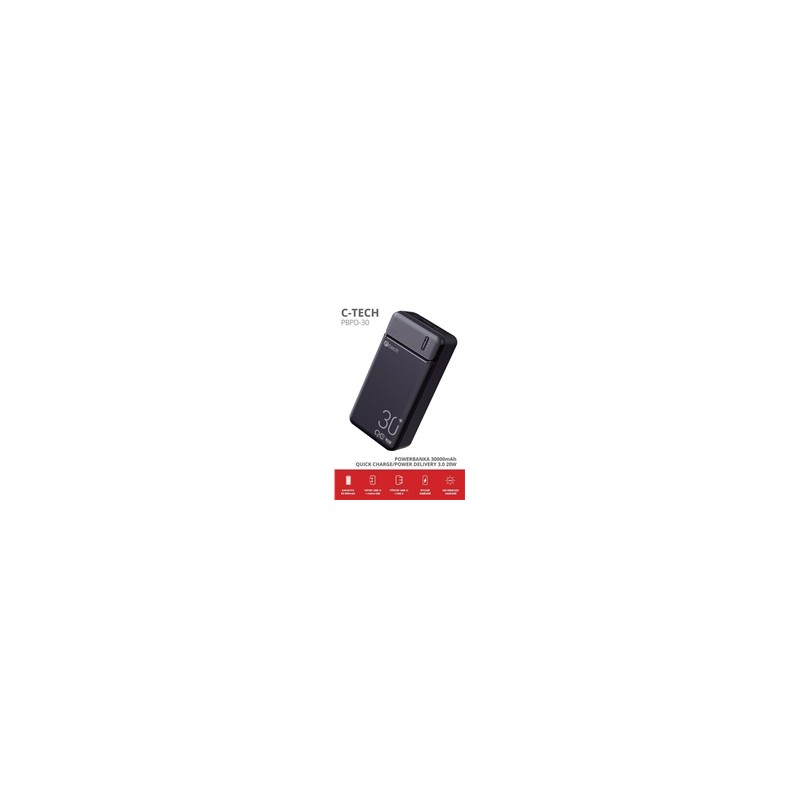 C-TECH Powerbanka 30000mAh, Li-Pol, 20W, USB-C/USB-A/micro USB