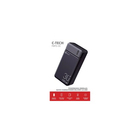 C-TECH Powerbanka 30000mAh, Li-Pol, 20W, USB-C/USB-A/micro USB