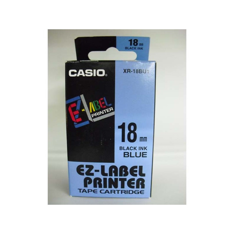 Casio originální páska do tiskárny štítků, Casio, XR-18BU1, černý tisk/modrý podklad, nelaminovaná, 8m, 18mm