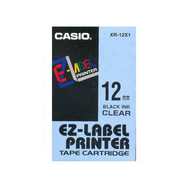 Casio originální páska do tiskárny štítků, Casio, XR-12X1, černý tisk/průhledný podklad, nelaminovaná, 8m, 12mm